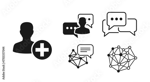 Collection of icons representing communication, networking, social interaction, and user interface elements.
