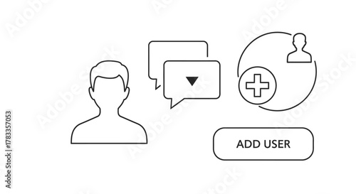 A set of user interface line icons for adding a new user, profile, and communication.
