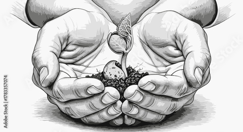 A pair of cupped hands gently holding a small seedling sprouting from soil, symbolizing growth and care.