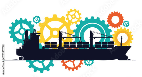 Cargo ship silhouette with gears representing global shipping and logistics.