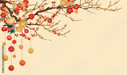 Fiori di ciliegio in fiore con decorazioni festive appese, simbolo di primavera e celebrazione.