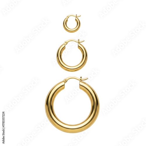 Three graduated classic gold hoop earrings displayed vertically on a black background