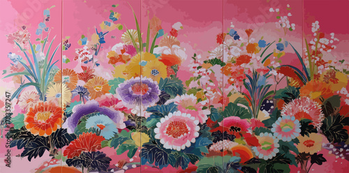 Un vibrante giardino di fiori dipinti su uno sfondo rosa acceso celebra la bellezza della natura con colori vivaci.