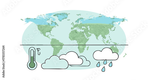 Weather illustration depicting temperature, clouds, and rainfall with a world map background.