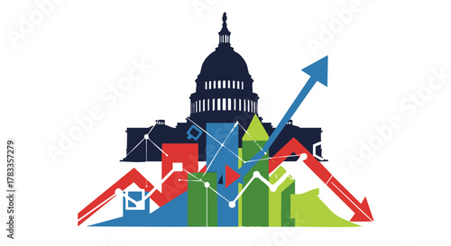 United States Capitol Building with economic growth and decline indicators.