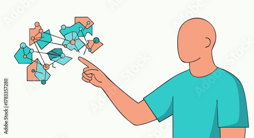 Man pointing at a network of connected digital devices, concept.