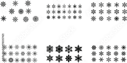 Set of bold black silhouette snowflake icons, thick plump line style, minimalist winter symbols on white background, Vector collection of snowflake silhouettes