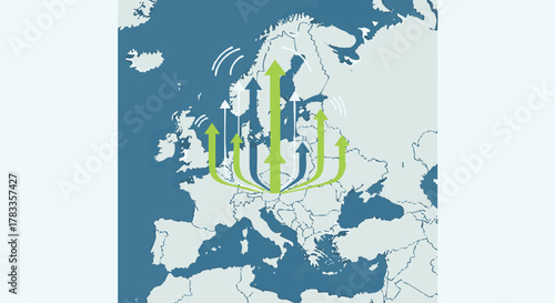 European economic growth visualized with upward arrows representing progress and development.