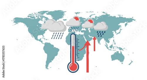 Global Climate Change - Rising Temperatures and Weather Patterns Depicted on World Map.