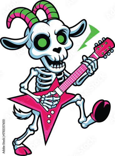 Goat playing pink electric guitar with green horns