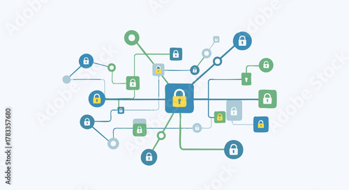 Cybersecurity network protection concept with digital lock and data connections.