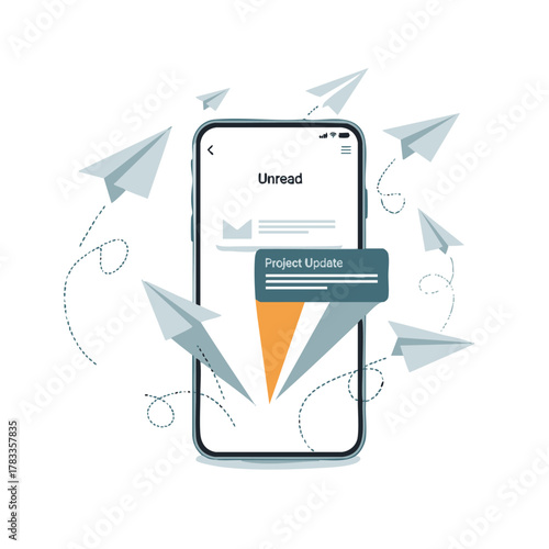 Mobile App Communication - Paper Planes Conveying Messages on a Smartphone.
