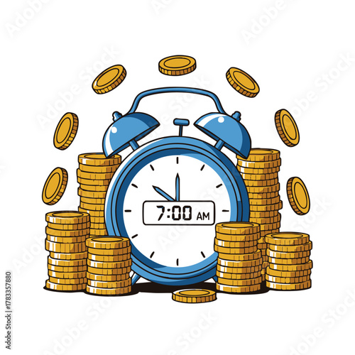 Time is money concept with alarm clock and stacks of coins.