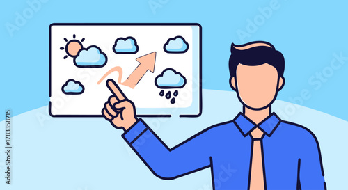 Man Presenting Weather Forecast with Clouds and Sun Icons.
