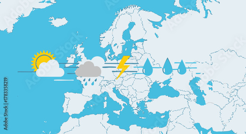 Weather Map of Europe with Sun, Clouds, Rain, and Lightning.