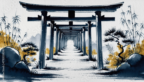 Wallpaper Mural Ink Painting of Japanese Torii Gate with Bamboo and Mountains Torontodigital.ca
