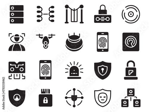 Diverse glyph icons for security technology and data protection