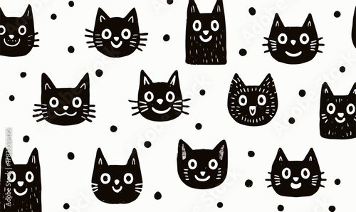 手描きの猫の顔が並んだパターンは、子供っぽくもスタイリッシュで、背景やテキスタイルデザインに最適です。