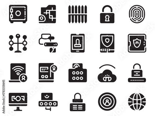 Diverse glyph style icons representing security data protection and technology concepts