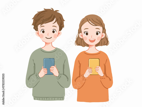 スマートフォンを手に持ち、笑顔でコミュニケーションを楽しむ若い男女のイラスト。