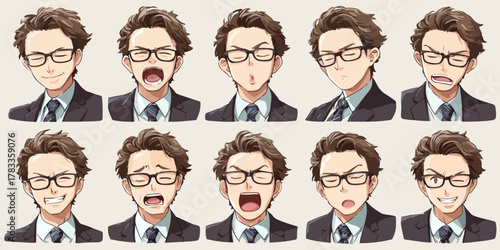 ビジネスマンの様々な表情を捉えたベクターイラスト集、感情表現豊かに描かれた顔のコレクション