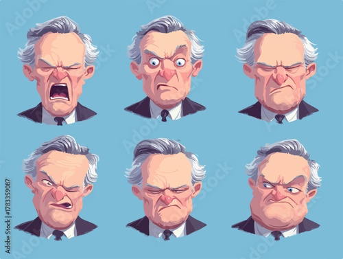 男性の怒りや不満を表す様々な表情のイラストセット