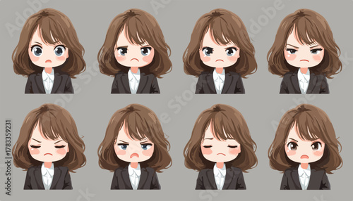 ビジネスウーマンの様々な表情のセット、怒り、不満、困惑、悲しみなど、感情表現のイラスト。