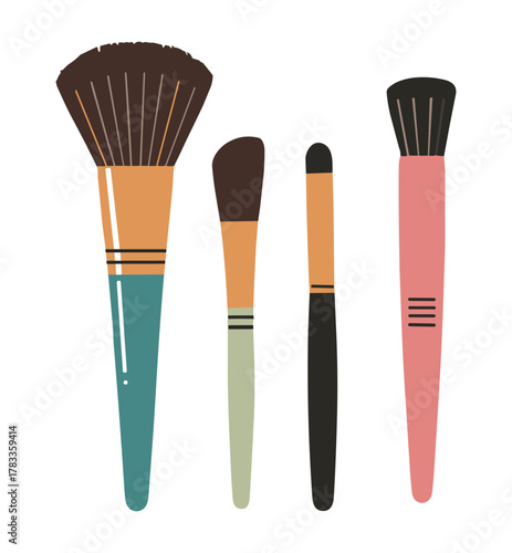 Minimalist vector illustration of makeup brushes with colorful handles and detailed bristles. Clean, modern design on transparent background, featuring fan, angled, detail, and flat brushes