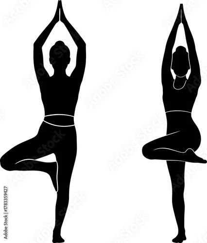 Two silhouetted women performing tree pose yoga asana on a white background