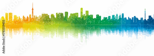 カラフルなグラデーションで描かれた都市のシルエットと水面の反射が美しい風景