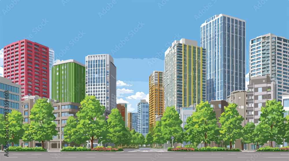 Fototapeta premium 緑豊かな並木道が続く都会の街並み、高層ビル群がそびえ立つ風景