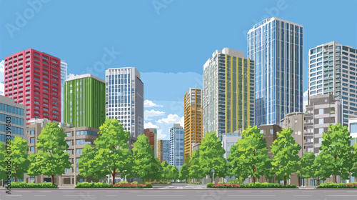 緑豊かな並木道が続く都会の街並み、高層ビル群がそびえ立つ風景