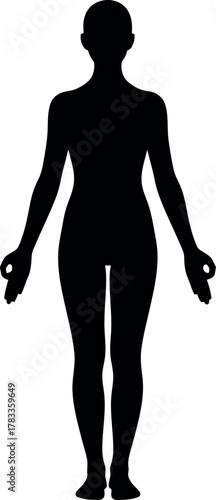 Silhouette of a woman standing in a yoga pose with hands in mudra position