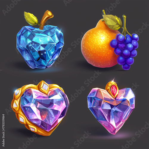 The ui casino slot game cartoon set for mobile gamble interface in app to play. Cute and glossy online spin badge object kit, casino slot game, casino element asset, Illustration