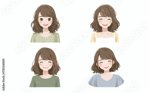 様々な表情の女性のイラストセット、笑顔で親しみやすい人物のベクター素材です。