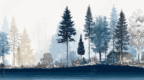 霧がかった森の風景をベクター形式で表現した、幻想的で落ち着いた雰囲気のイラストレーションです。