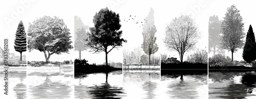 水面に映るシルエットの異なる木々が並ぶモノクロのベクターイラストで、静寂と自然の美しさを表現しています。