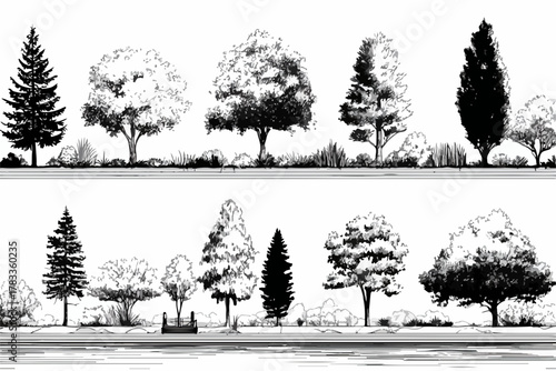 手描きの様々な樹木のシルエットをベクター形式で表現し、風景や環境デザインに活用できる汎用性の高いイラストです。