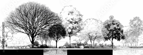 白黒の風景ベクターイラストは、自然の美しさをシンプルに表現し、デザインプロジェクトに静けさとエレガンスを加えます。