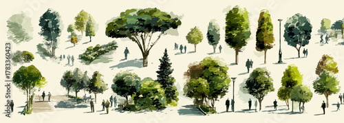 水彩タッチで描かれた様々な種類の樹木と人物のシルエットのベクターイラストで、公園や庭園のデザイン素材として活用できます。