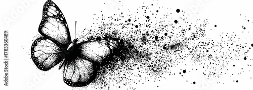 水彩風の飛散するインクのしぶきと美しい蝶のベクターイラストは、デザインプロジェクトに優雅さと創造性を加えます。