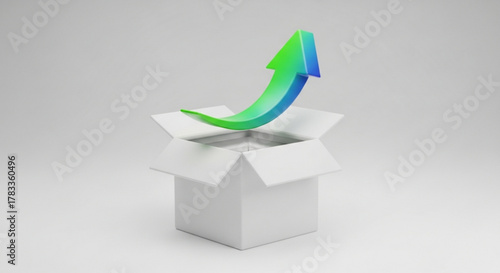 Arrow out of box concept for growth success and innovation unpack potential and new ideas open box trend 3d