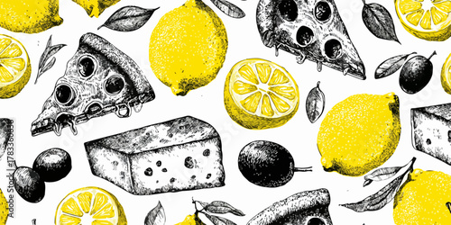 手描きのレモン、ピザ、チーズ、オリーブを組み合わせた、明るく楽しいベクターパターンは、食品関連のデザインに最適です。