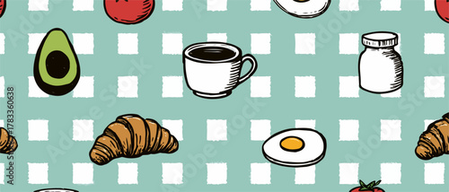 朝食の食材が手描き風のイラストで描かれた、可愛らしいパターン素材で、背景やテキスタイルデザインに最適です。