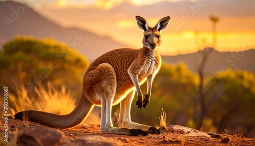 Majestic Kangaroo Standing Tall in the Australian Outback at Sunset.