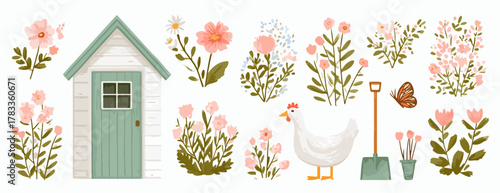 パステルカラーで描かれた小屋や花、鶏などのガーデニングアイテムがセットになった、可愛らしいベクターイラストです。