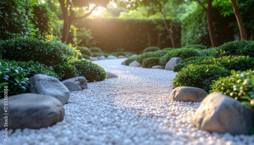 Serene pathway of pebbles and greenery in a tranquil, sunlit, outdoor setting