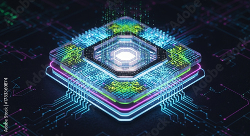 Futuristic technology concept of a quantum computer processor chip for ai and machine learning