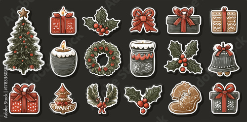 クリスマスツリーやプレゼント、リースなど、冬を彩る様々なモチーフを詰め込んだ、手描きのベクターイラスト素材です。