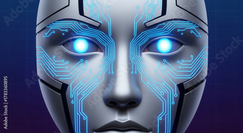 Futuristic ai robot face with glowing eyes and circuit patterns for artificial intelligence concept design